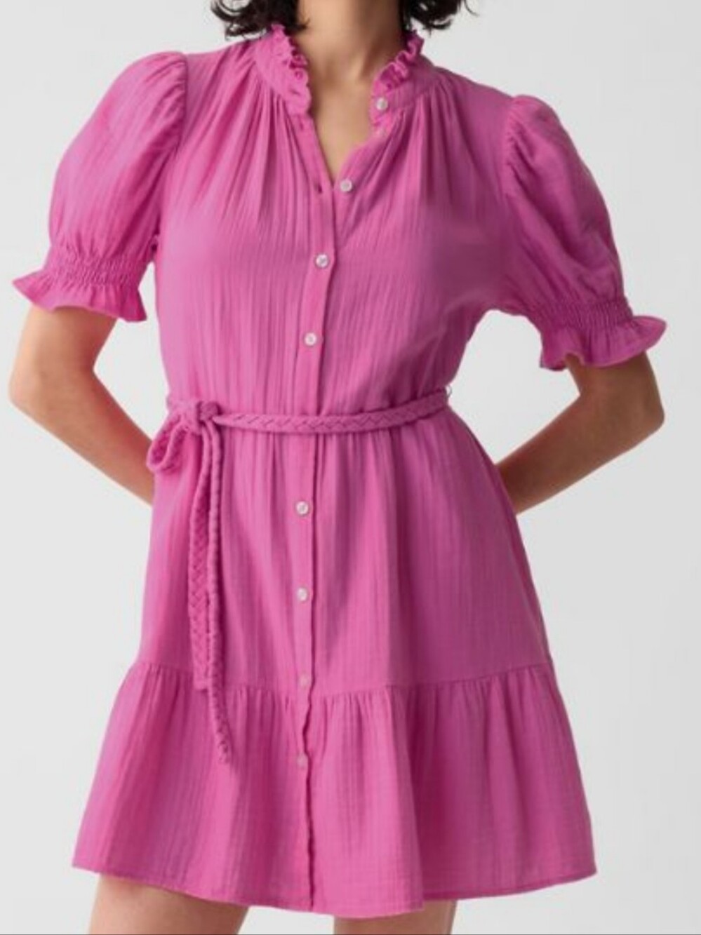 GAP Magenta Button-Front Puff Sleeve  Tiered Mini Dress Size XL NWT